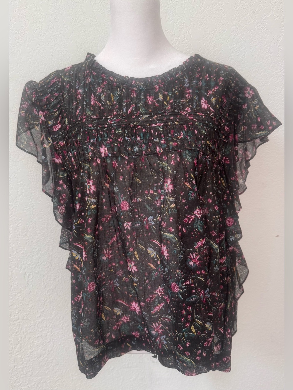 Isabel Marant Etoile Layona ruffle sleeve top- Black floral print cotton - Picture 5 of 11